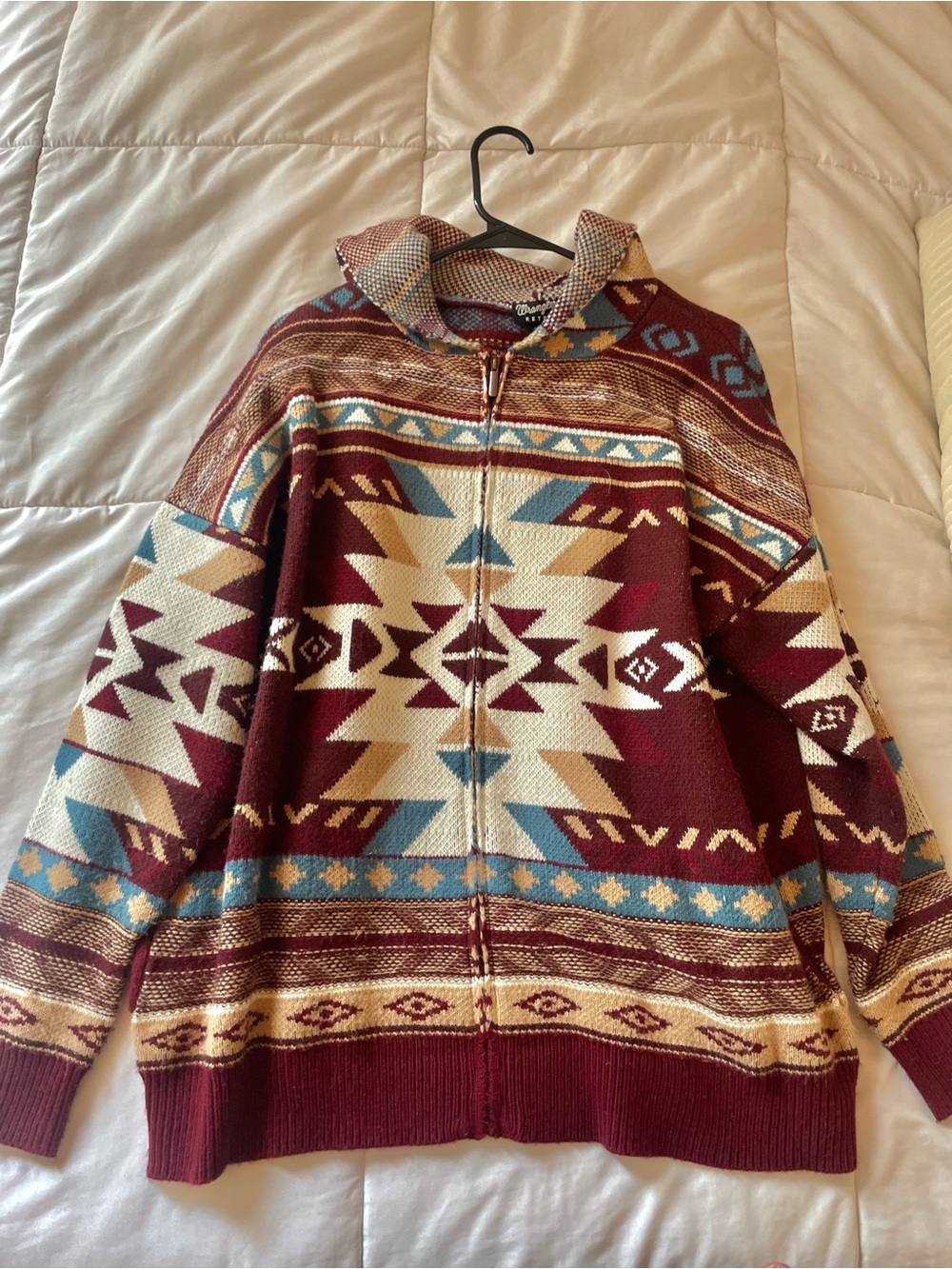 Wrangler Maroon Southwestern Zip-Up Sweater with Hood